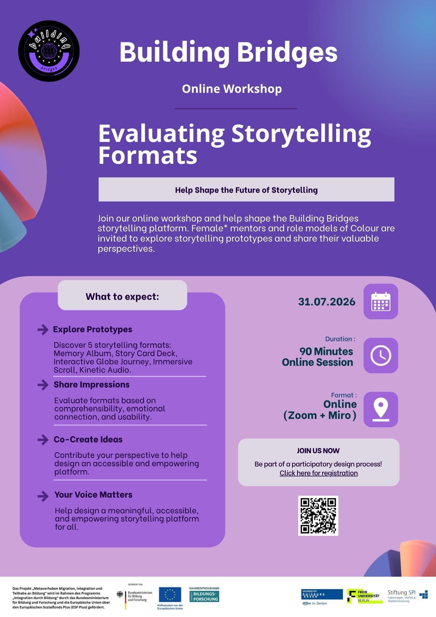Featured workshop flyer for Online workshop: Evaluating storytelling formats with mentors