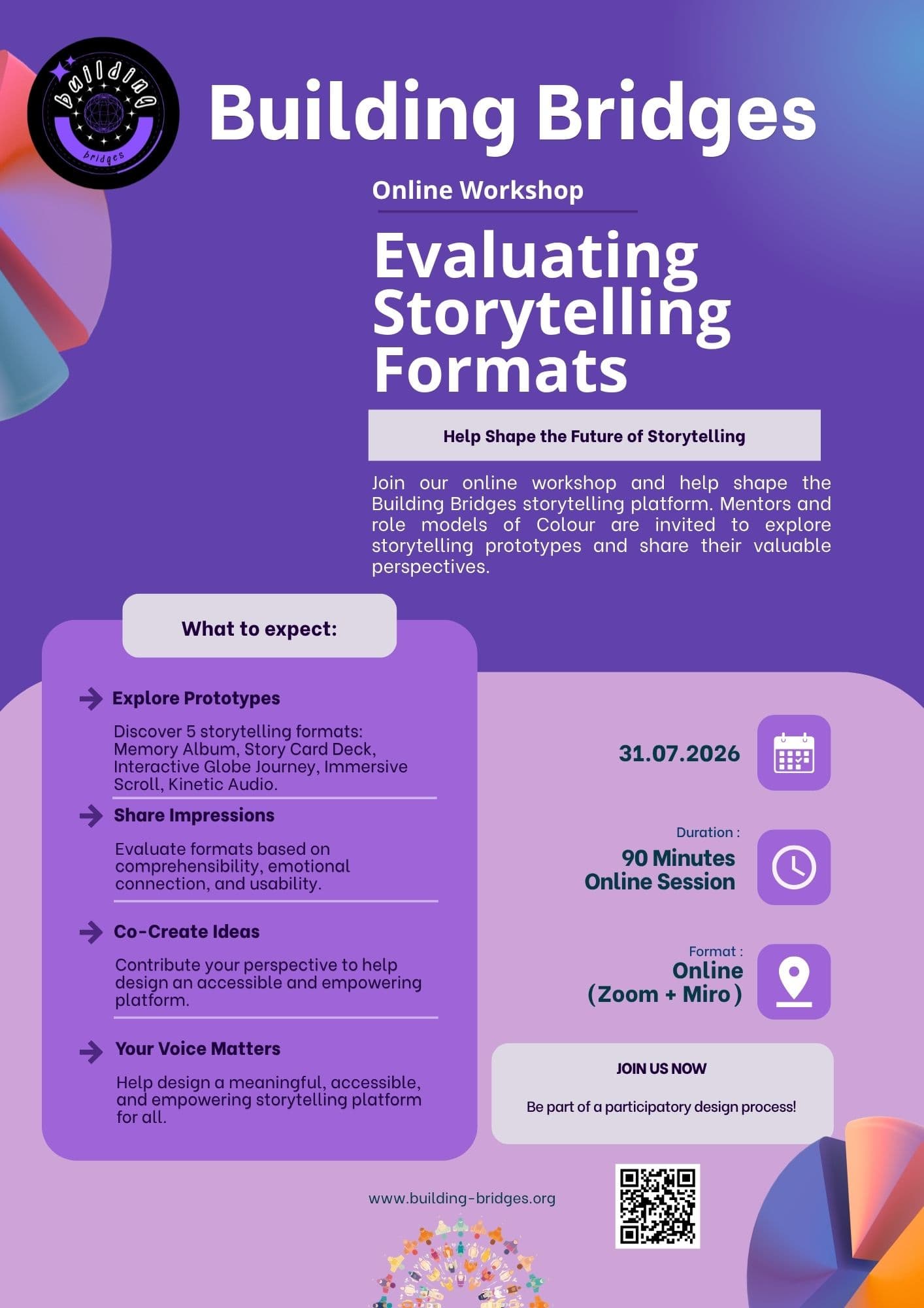 Flyer preview for Online workshop: Evaluating storytelling formats with mentors